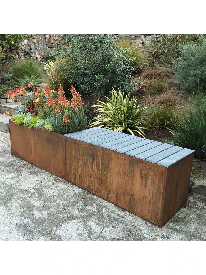 Nice Corten Trough Planters With Bench Top 3 Nice Corten Trough Planters With Bench Top